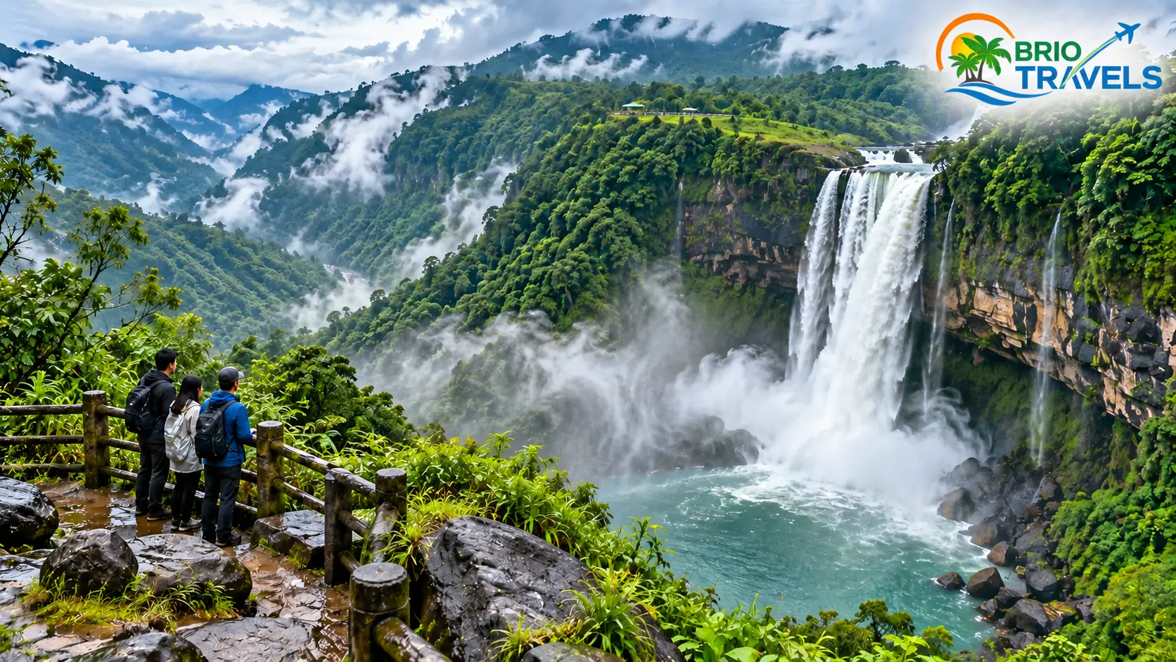 Best places to visit in India in June - Meghalaya waterfall surrounded by lush green hills
